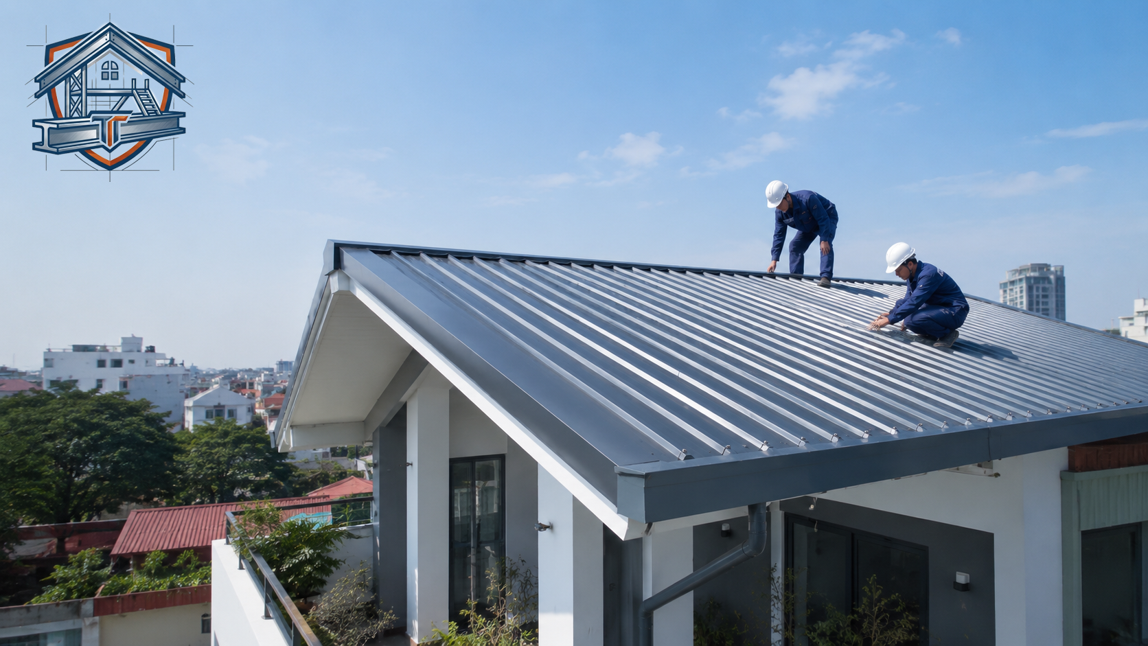 Thợ cơ khí đang thi công mái tôn trên nhà dân tại Hà Nội
