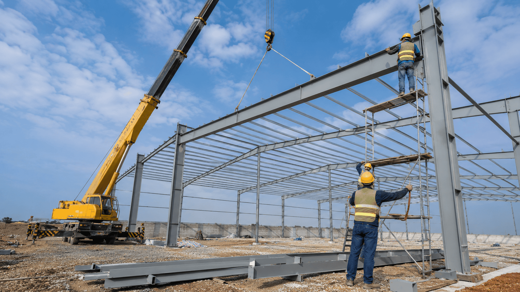 Công nhân sử dụng xe nâng để lắp vách tôn bên ngoài