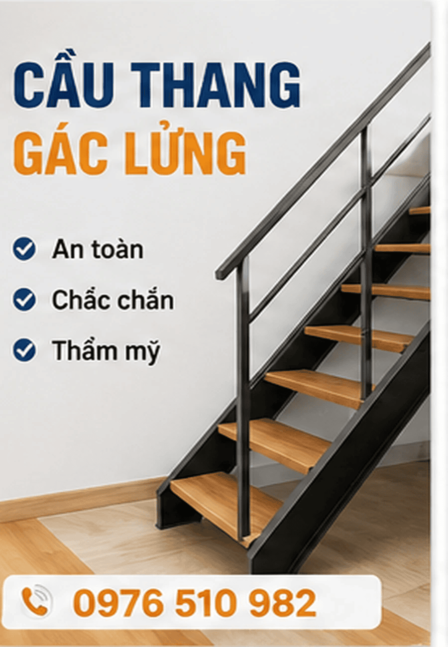 Cầu thang gác lửng khung sắt có tay vịn