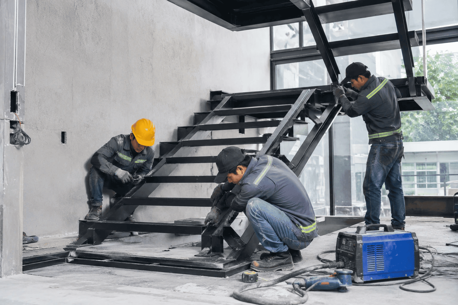 Thợ lắp đặt và gia công khung cầu thang sắt tại công trình